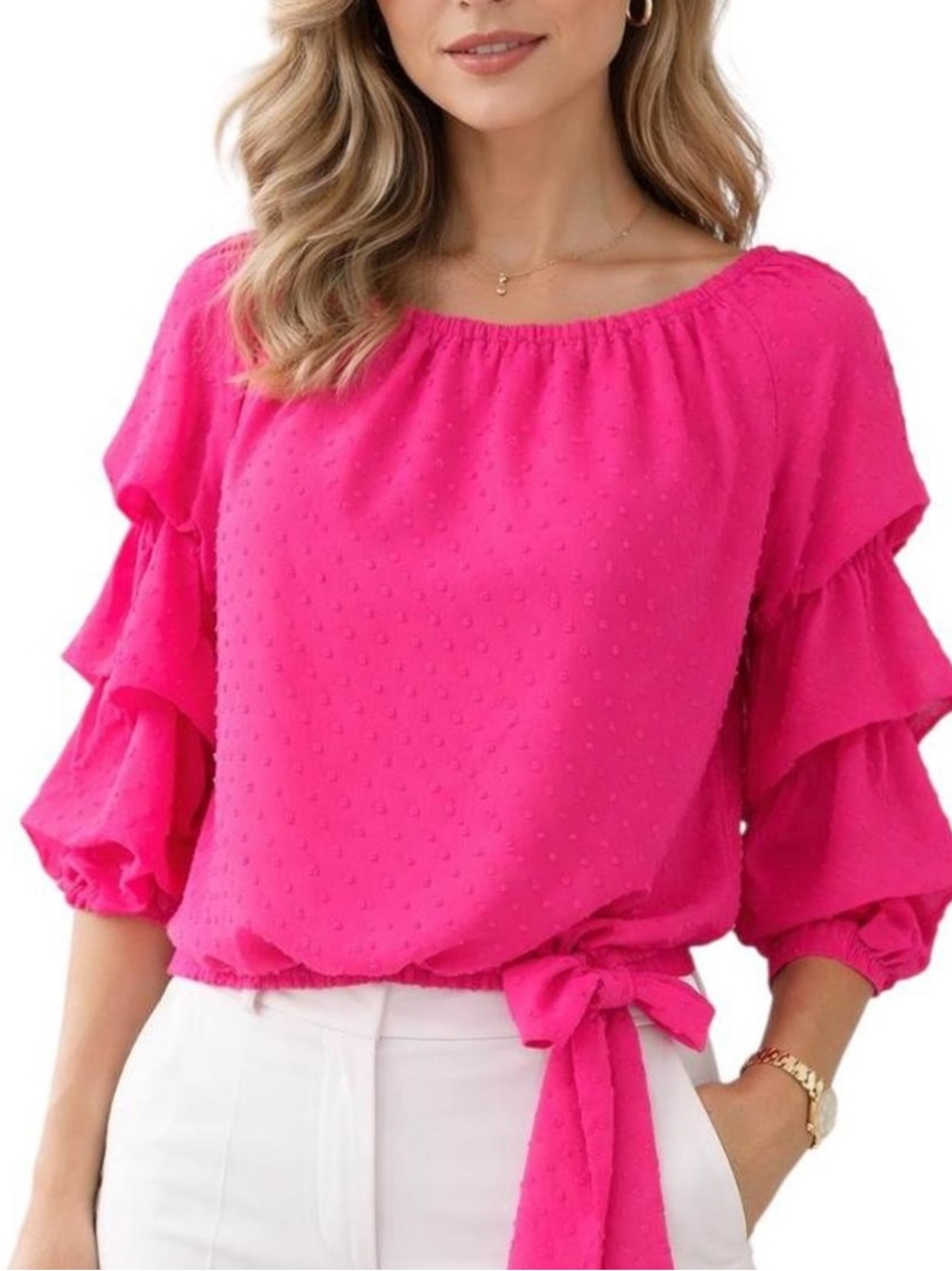 CeCe Bright Pink Ruffle Top Blouse Sz L
